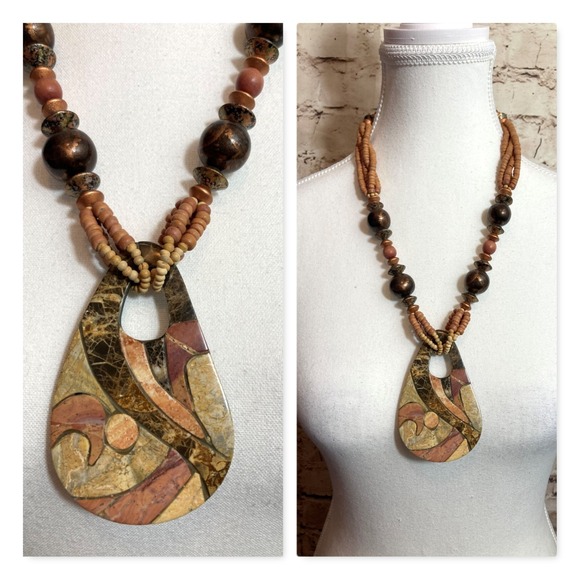 The Unbranded Brand Jewelry - Boho Artisan Necklace Multi Strand Mauve Beads Large Teardrop Pendant Earth Tone